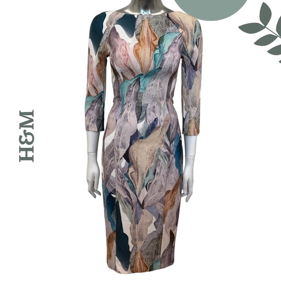 🛍️3/$40 H&M Abstract Print Bodycon Dress Marble 3/4 Sleeve – Size 2 (US) - Picture 1 of 7